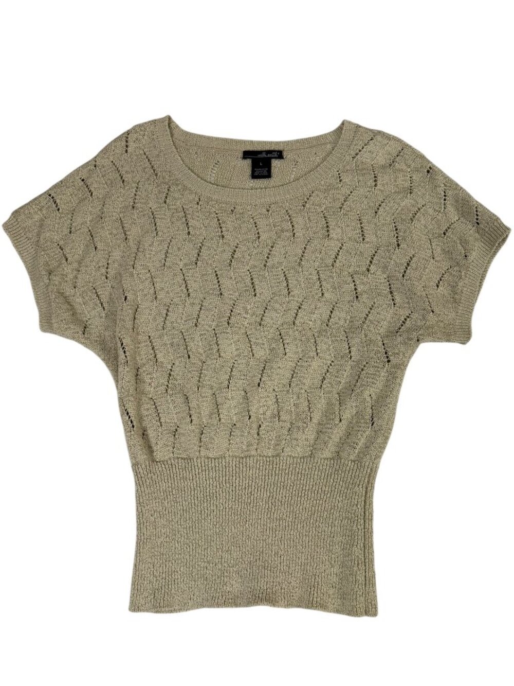 Women's Large Tan Open Knit short sleeve Sweater Ribbed Hem Lightweight Top